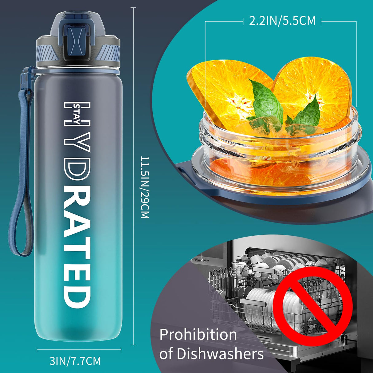 QLUR Water Bottle with Straw, 32oz Motivational Water Bottles with Time Marker to Drink, Tritan BPA Free, 1L Sports Water Bottle with Carry Strap LeakProof for Women Gym Fitness Outdoor (1 Pack)