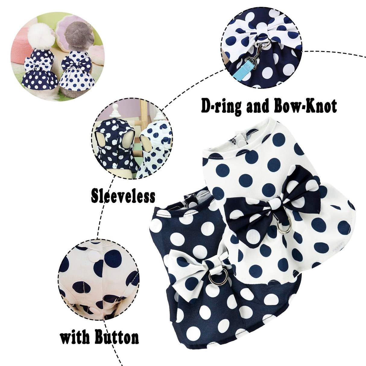 PAIDEFUL Dog Harness Dress,Retro Bow Princess Dresses for Small Dogs Cats Fashion Polka Dot Puppy Pleated Skirt Soft Lightweight Doggy Sundress Button up Chihuahua Clothes Costume D-Ring,Blue,M