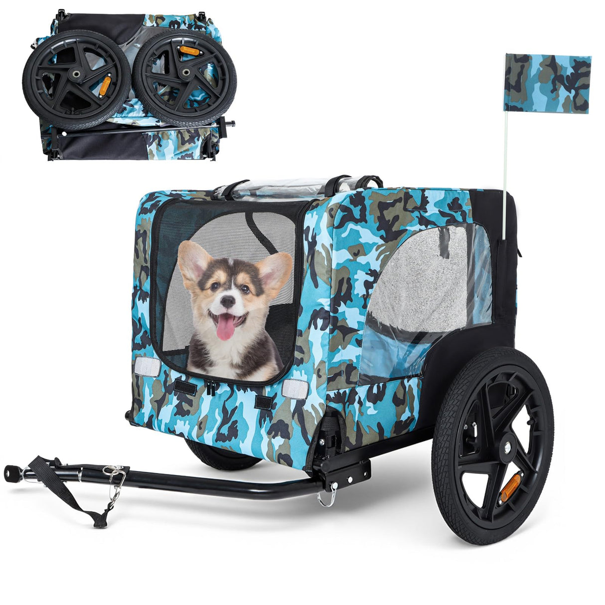 Anwick Dog Bike Trailer, Heavy Duty Dog Trailer for Bicycle, Cart Pet Bike Carrier with 3 Doors, 16" Wheels, Flag, Collapsible to Store, Pet Cart Bicycle Carrier for Small and Medium Pets (Blue)