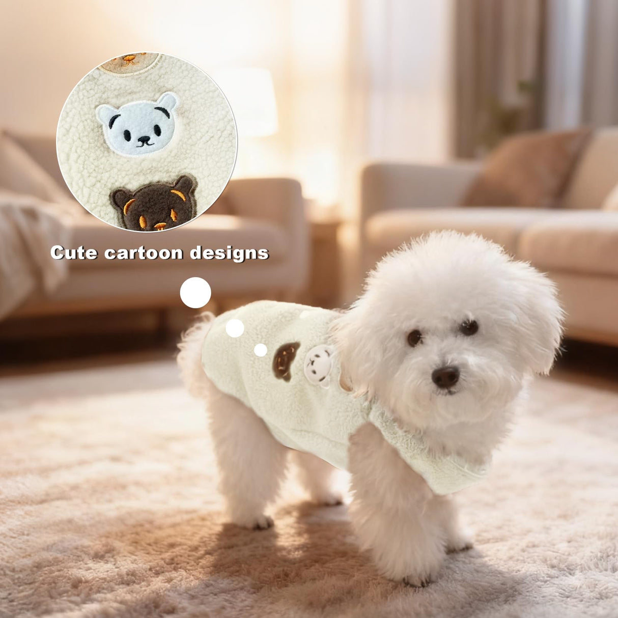 FloofeLove Dog Fleece Vest Jacket, Warm Cute Dogs Sweater with Button Winter Cold Weater Collar Bear Print Coat Pet Clothes for Small Dogs Boy Girl(White, L(12 to 15 lbs))