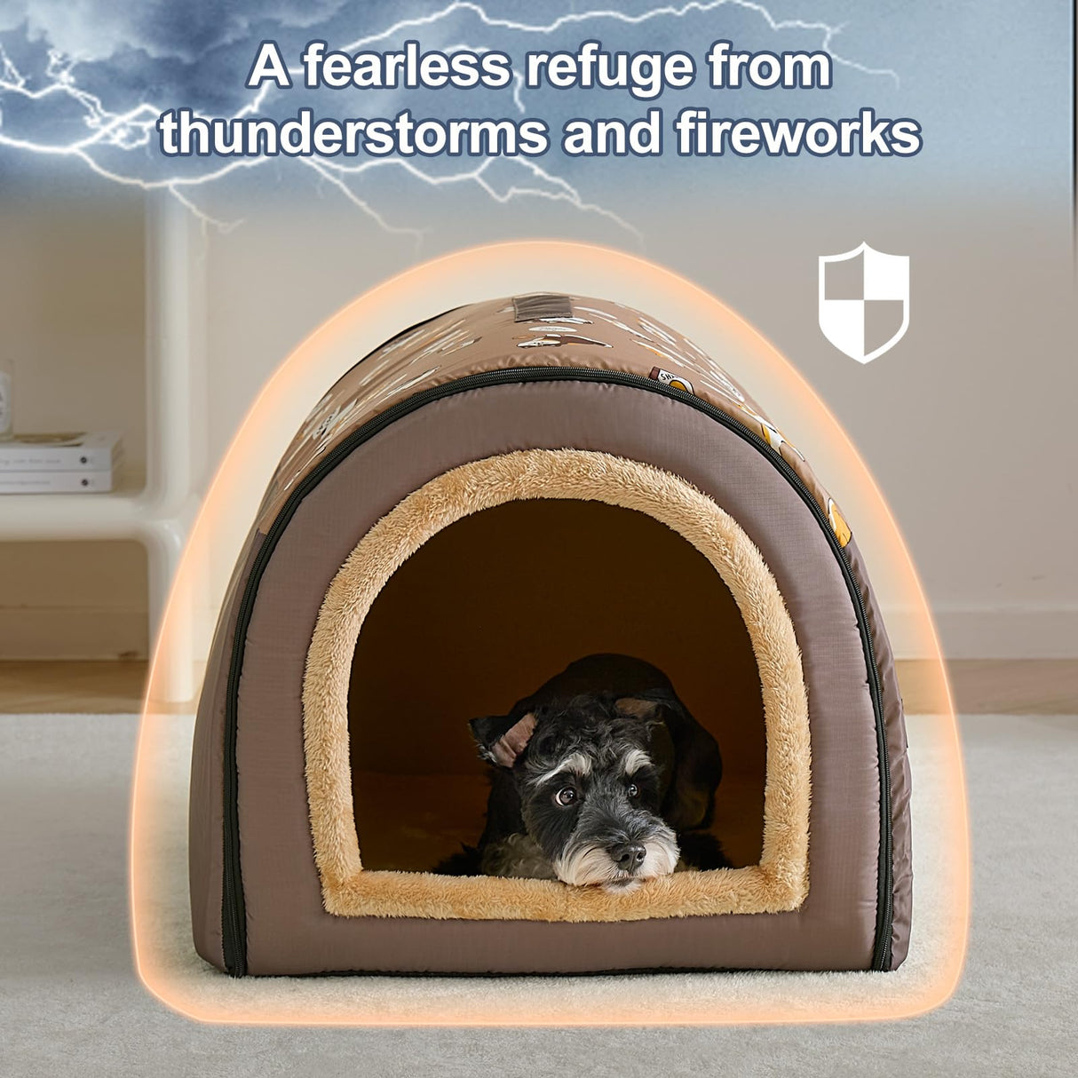 Jiupety Indoor Dog House, 2-in-1 Portable Foldable House Bed with Cover, Pet Tent & Cave Bed for Medium Dogs, XL(28"×21"×19"), Up to 40 Lb, Brown