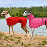 Greyhound Whippet Raincoat Waterproof with Reflective Stripe high Neck fit for Italian Greyhounds Whippets Long Back Breeds - Red - M
