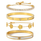 SEADAY 18K Gold Plated Stackable Bangles Bracelets for Women - 4 Pcs Gold Bracelet Set Trendy Stainless Steel Fashion Accessories, Dainty Stacked Jewelry Set Gift for Daily Wear Five Leaf Clover