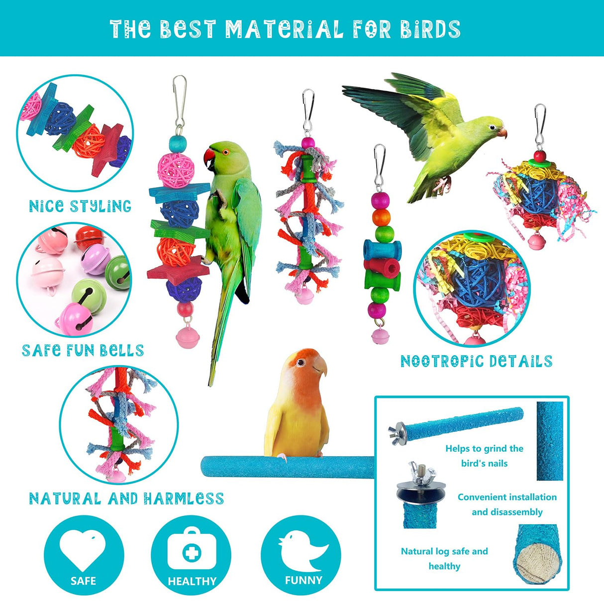 Sysmashing 23pcs Bird Parakeet Cockatiel Toys,Parrot Swing Chewing Hanging Toy with Safe Bells,Bird cage Colorful Climbing Standing Rope Natural Wood Ladder Bungee Toys