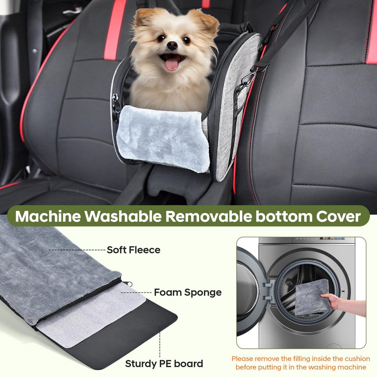 Petzauber Dog Car Seat for Small Dog - Center Console Dog Car Seat with Double Protection Safety Belt and Non-Slip Bottom, Portable Pet Booster Seat with Washable Cushion & Storage Pocket, Grey