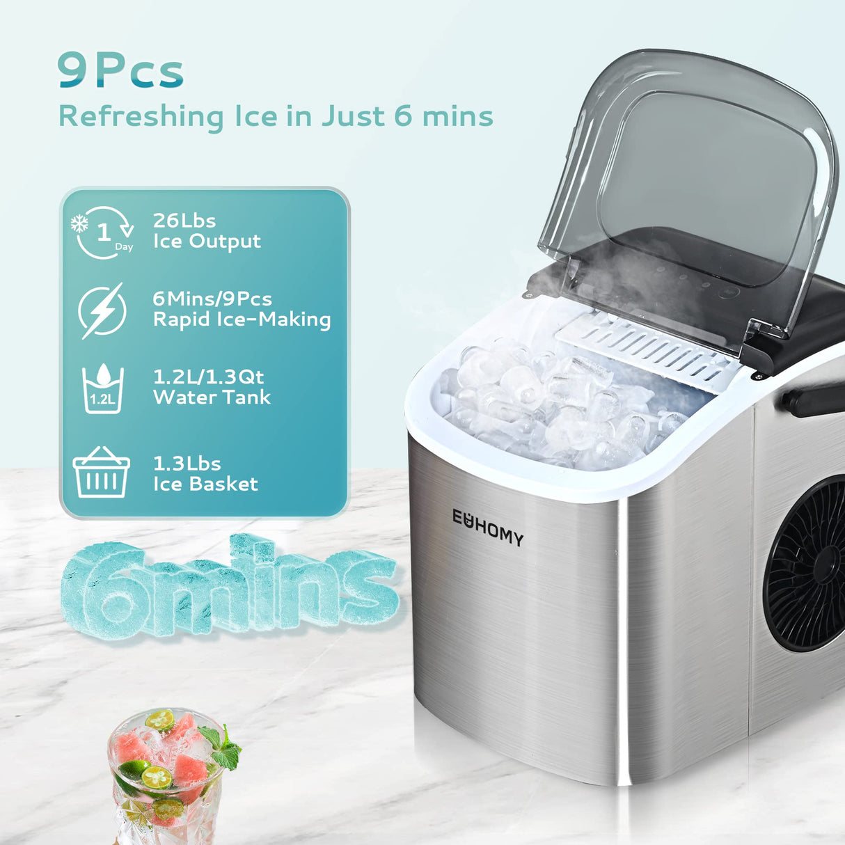 EUHOMY Countertop Ice Maker Machine with Handle, 26lbs Per Day, 9 Ice Cubes Ready in 6 Mins, Auto-Cleaning Portable Ice Maker with Basket and Scoop, for Home/Kitchen/Camping/RV (Silver)