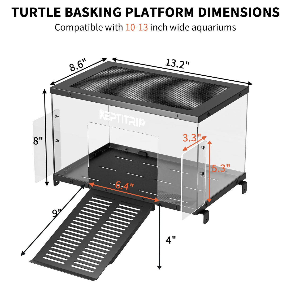 Turtle Basking Platform & Dock - Stainless Steel Turtle Ramp, Non-Slip Surface - Fits 10-13 Inch Wide Aquariums