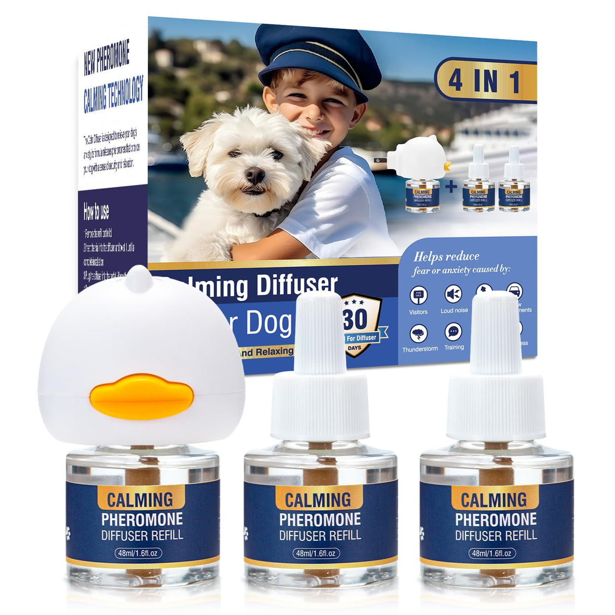 Dog Pheromone Calming Diffuser 4 In 1 Appeasing Pet Pheromones Diffuser to Calm Kit (Plug in+ 3 Pack 48ml Refill) for Anxiety Relief Reduce Barking Aggression Fighting Stress 90 Day Supply(Tasteless)