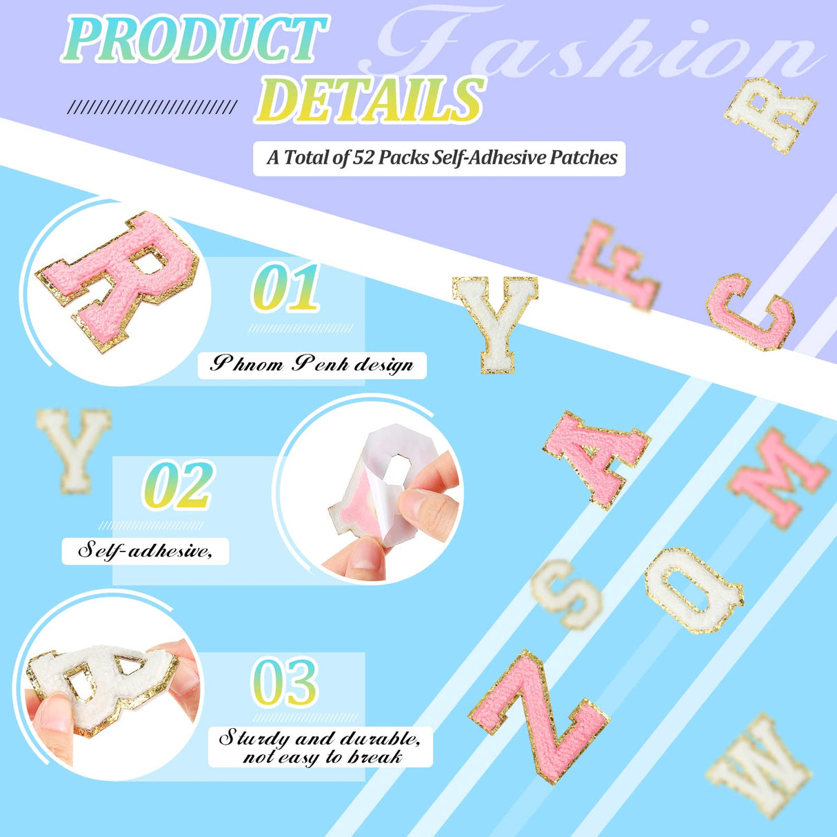 WILLBOND 52 Pcs Chenille Letter Patches Bulk Self Adhesive Letter Patches for Backpacks Stick on Letters Embroidered Applique Patch for Clothing Hats Halloween Christmas Supplies(White, Pink)