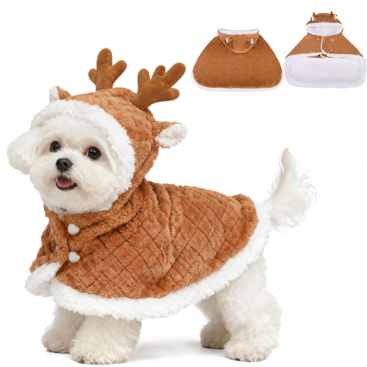 EXPAWLORER Dog Christmas Costume Winter Coat with Hat, Fleece Warm Elk Pet Cloak Cape Blanket with Antlers for Cold Weather, Thicken Dog Sweater Jacket Clothes for Small Medium Large Dogs Cats BrownXL