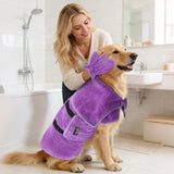 Mihachi Dog Bathrobe Towel Wrap Fast Drying with Drying Gloves Set, Super Absorbent Coral Fleece Dog Drying Coat Bath Robe for Puppy, Medium & Large Dogs, Adjustable Collar & Belly Strap, Purple XL