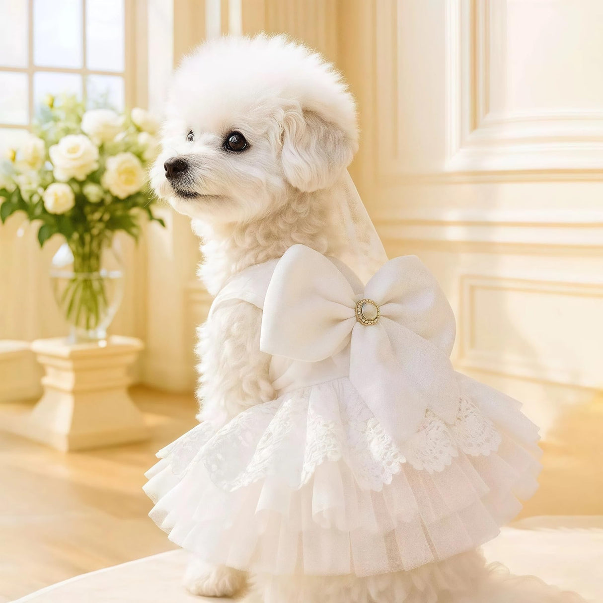 Luxury White Dog Wedding Dress with Pearl & Lace Tutu - Elegant Princess Outfit for Small Dogs/Cats, Ideal for Weddings, Birthdays, Photoshoots - S