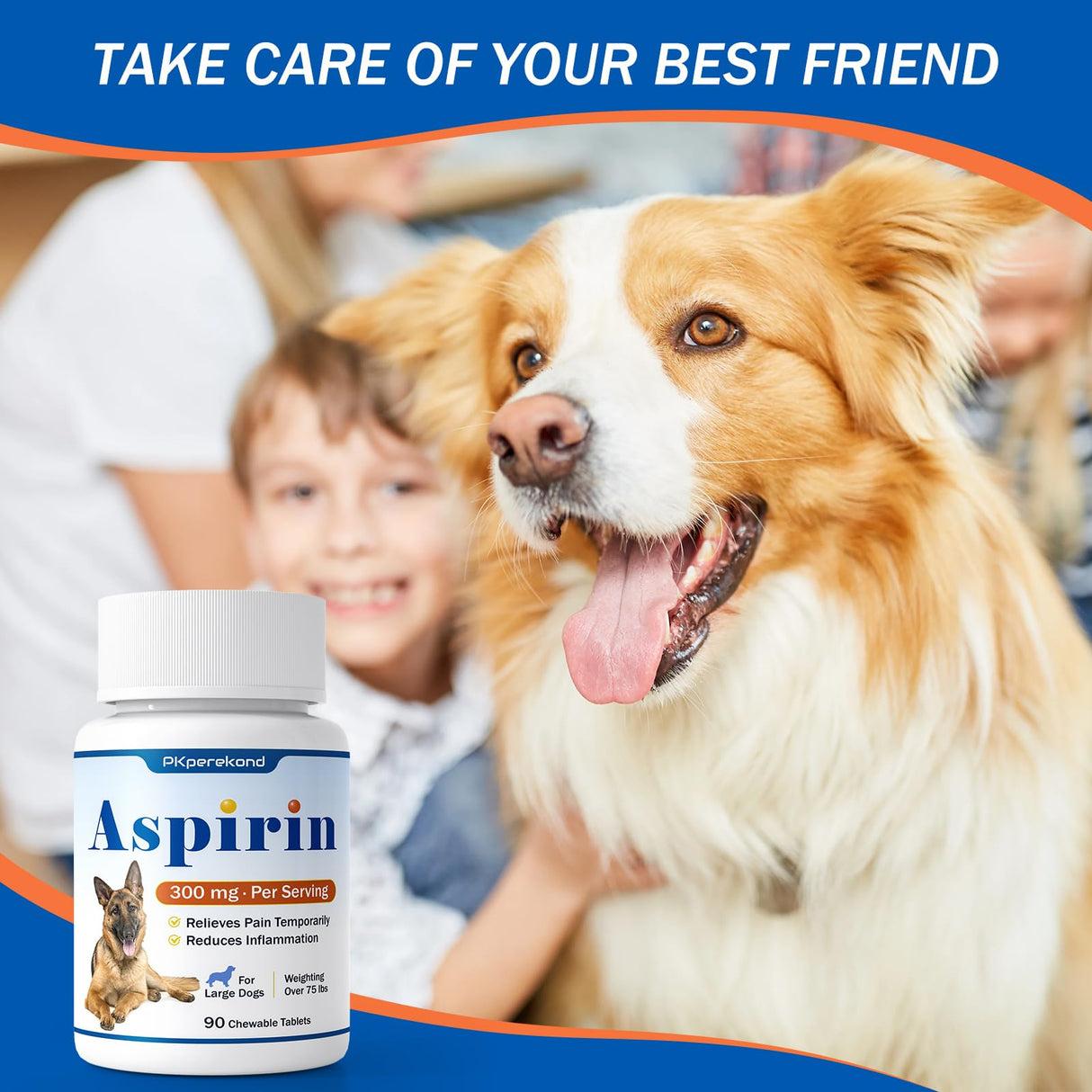 Dog Aspirin for Large Dogs, Low Gastrointestinal Irritation, Dog Joint Support and Inflammation Relief, 300mg, Arthritis Relief for Dogs, Pain Reliever Supplement, 90 Tablets