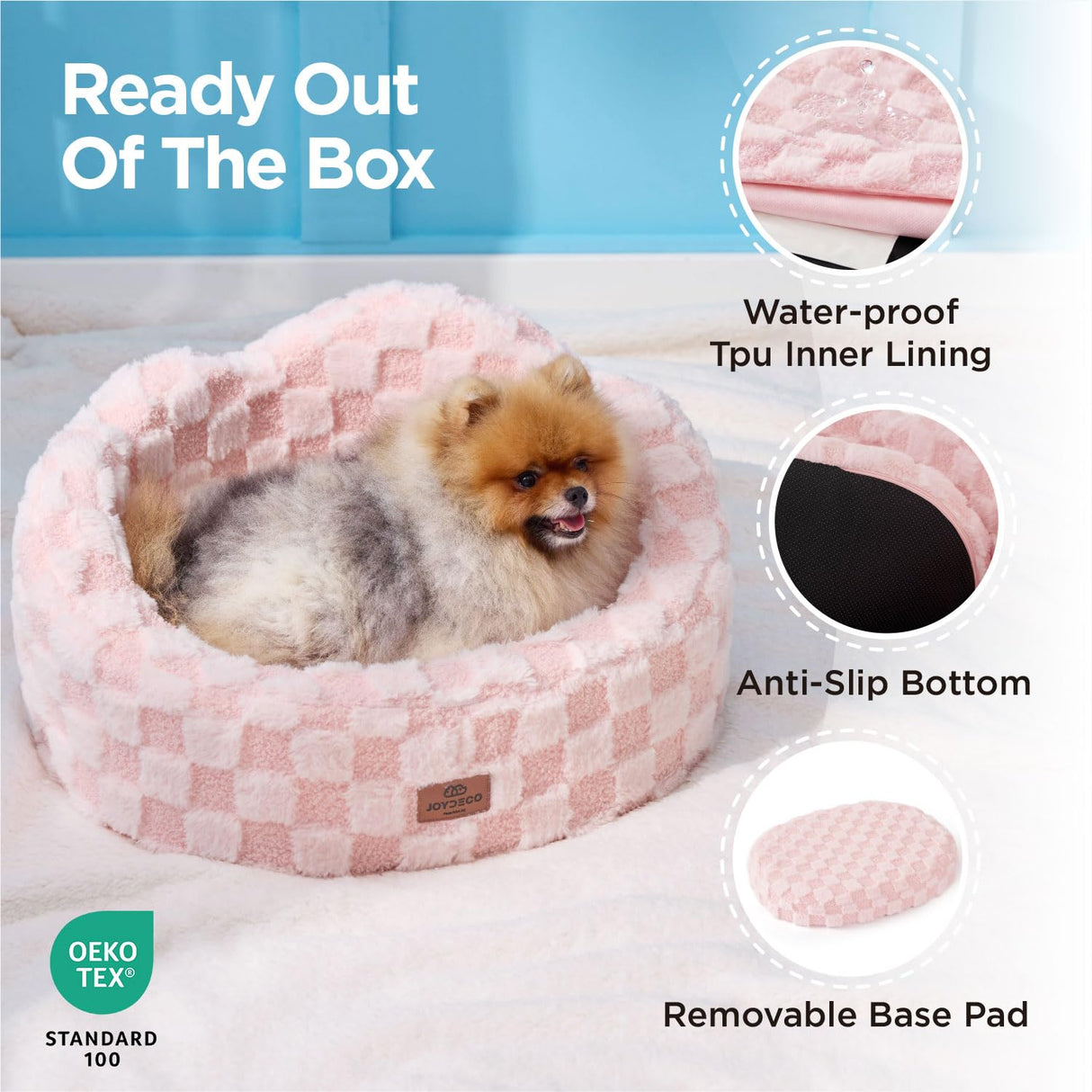 Joydeco Cloud Dog Bed for Small Dogs & Cats, Washable Pet Bed with Orthopedic Foam and Removable Checkered Plush Pad, Non-Slip Bottom for Indoor Puppies and Kittens, 22x20 Inch, Pink