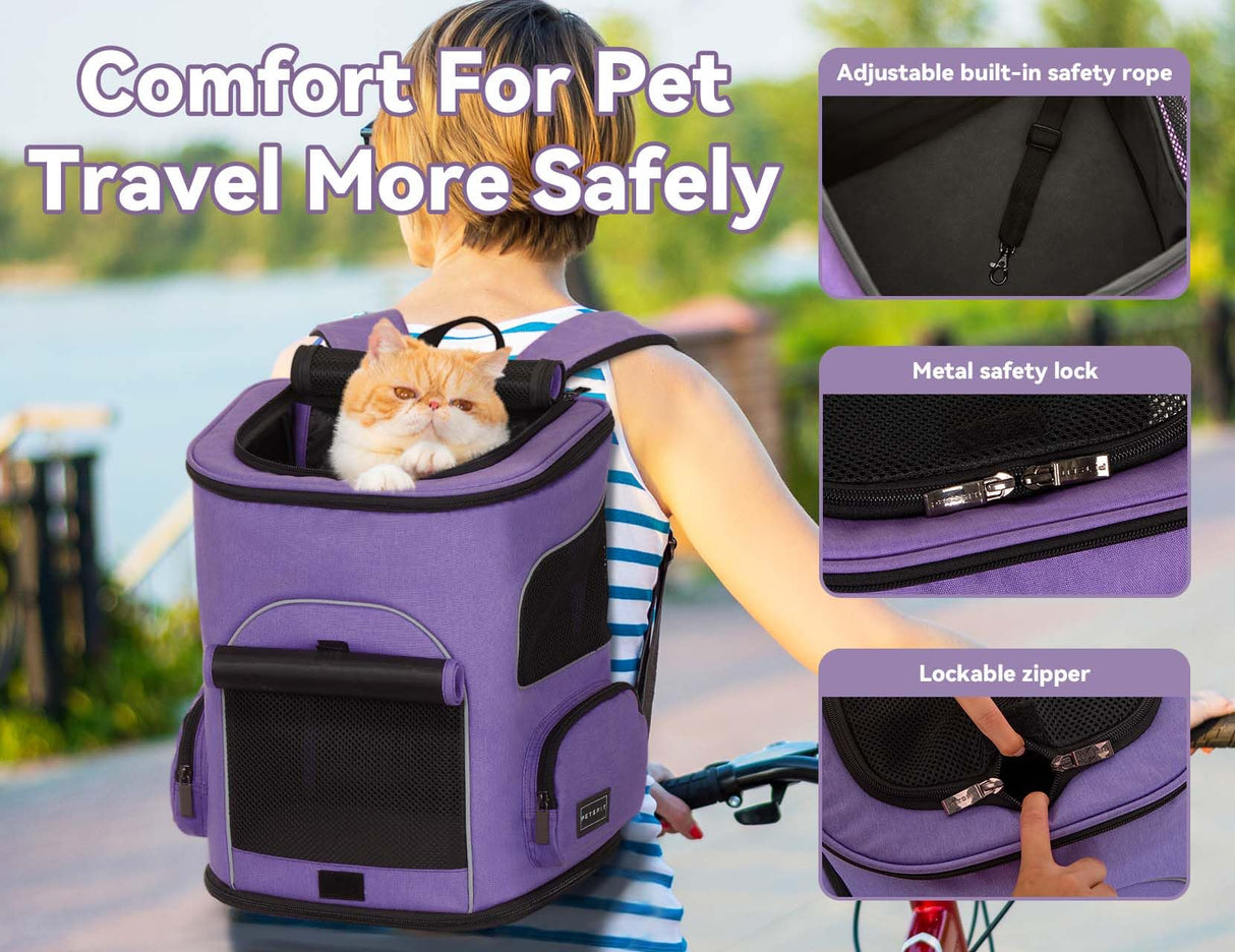 PETSFIT Dog Backpack Carrier with Upgraded Waist Protection, Pet Carrier Backpack Designed for Small Dogs/Cats, Fully Ventilated Collapsible Cat Backpack for Outdoor Traveling Hiking Camping Purple