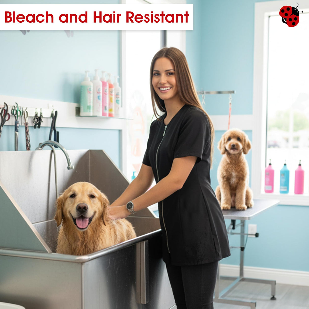 Ladybird Line 460 Groomer's Rhinestone Jacket - Water, Hair and Bleach Resistant, Short Sleeve Dog Grooming and Hair Stylist Smock with Round Neck, 2 Side Pockets & Adjustable Back Tie Belt - XS