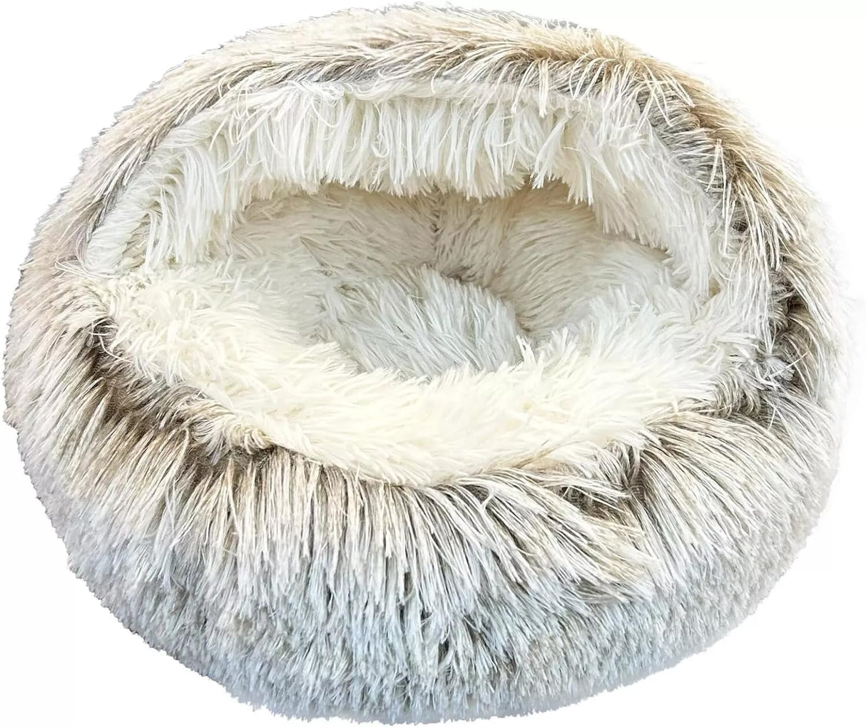 Cat Bed Round Fluffy Hooded Cat Bed Cave, Anti-Anxiety Cave Bed with Hooded Blanket, Cozy Cuddler Luxury Puppy Pet Bed, Anti-Slip Bottom and Machine Washable (Khaki, Medium)