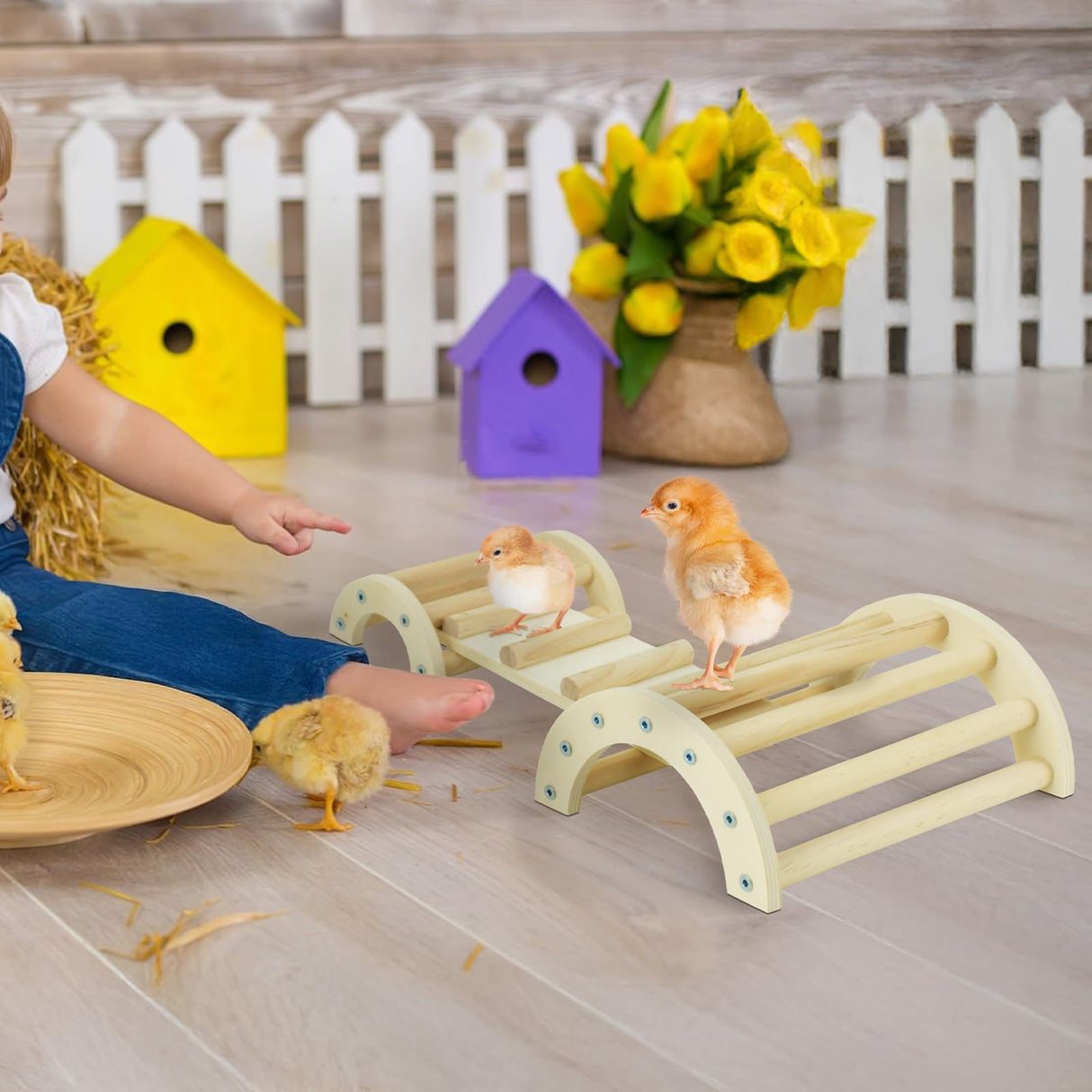 CooShou Chicken Perch Roosting Bar Jungle Gym Wooden Arch Bridge Platform Stand Ladder 3in1 Climbing Ramp Toys for Chick Hamsters Gerbils Mice Rodent and Small Animals