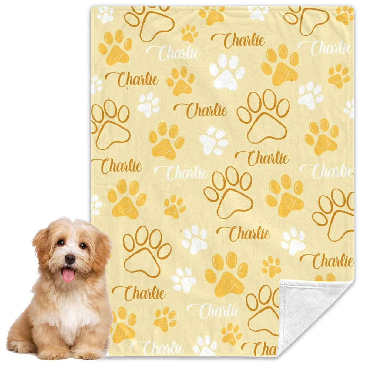 Custom Dog Blankets with Pet Name Personalized Yellow Paw Dog Blanket, Customized Dog Blanket for Medium Puppy Small Large Dogs, Washable All-Season Air-conditioned Rooms Blankets Dog Gifts 60" x 80"