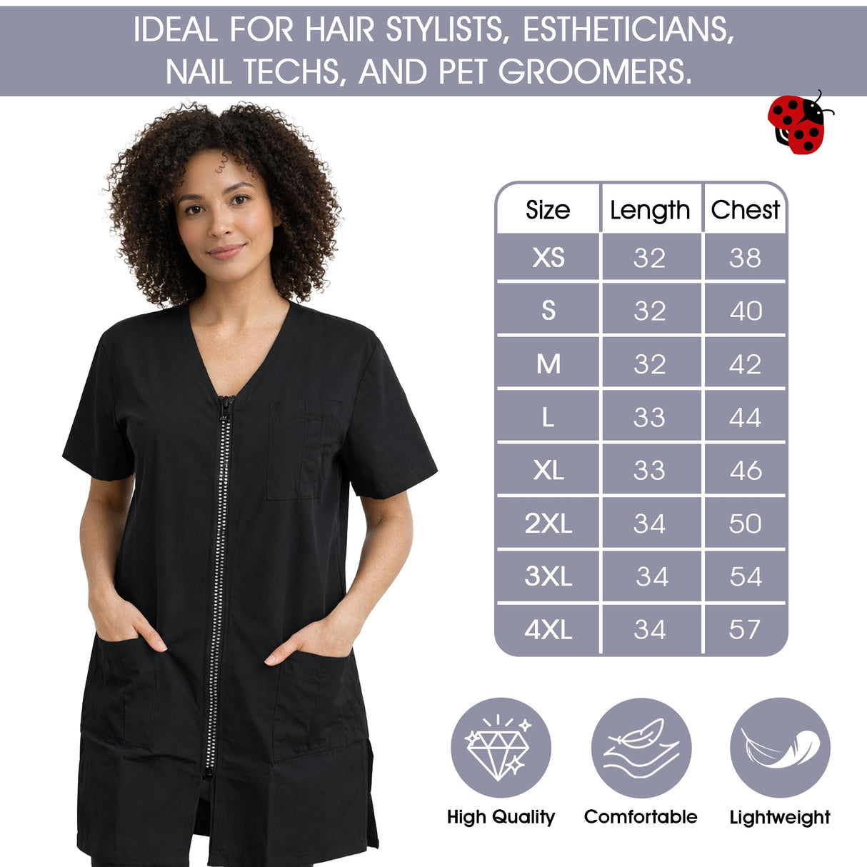 Ladybird Line 650 V Neck Adjustable Rhinestone Zipper Pet Grooming & Styling Jacket, Pleated Back Detail, 2 Front Pockets, Water Resistant, Bleach Hair Resistant Smock Pet Groomers Hair Stylists - XS