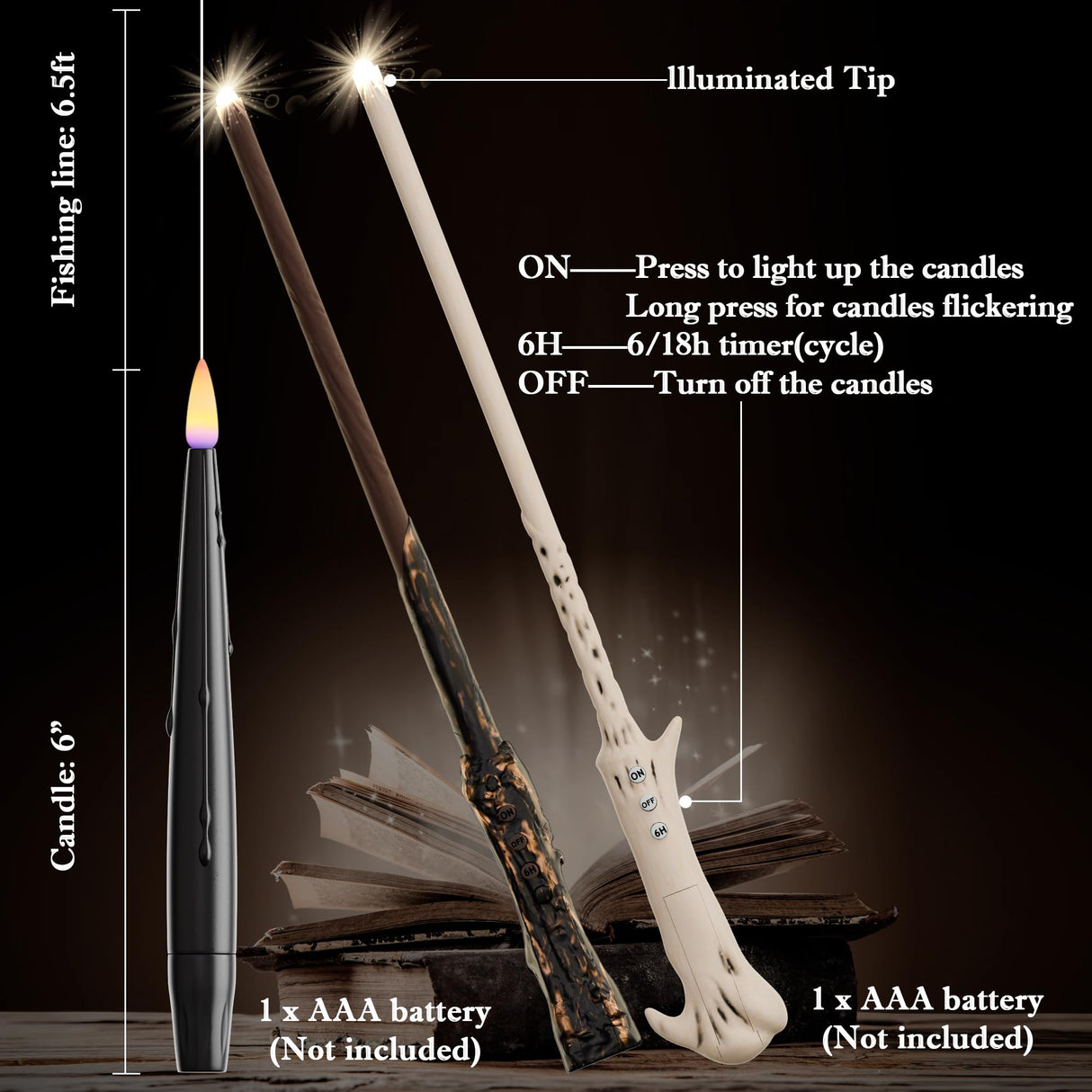 JOIONE Floating Candles with Wand, 20 Pack Halloween Flameless Candles Magic Hanging Taper Candles with 2 Wand Remotes, Battery Operated Candles for Halloween Christmas Birthday Party Decor Black