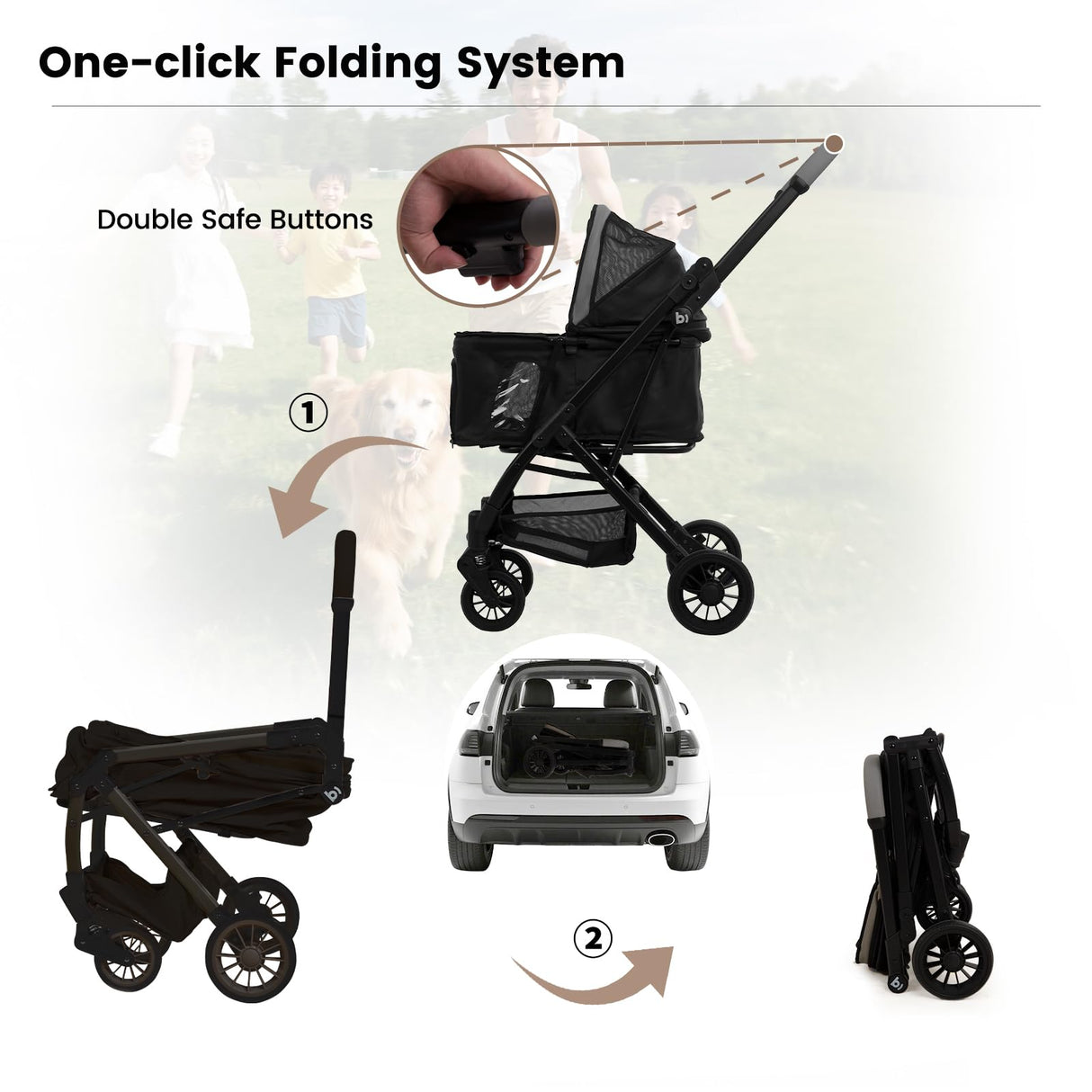 Foldable Dog Stroller for Small Dogs & Cats Portable Compact Pet Stroller Up to 35lbs Medium Pets One Click Folding Large Cat Carriage with Convertible Canopy Storage Basket - Black