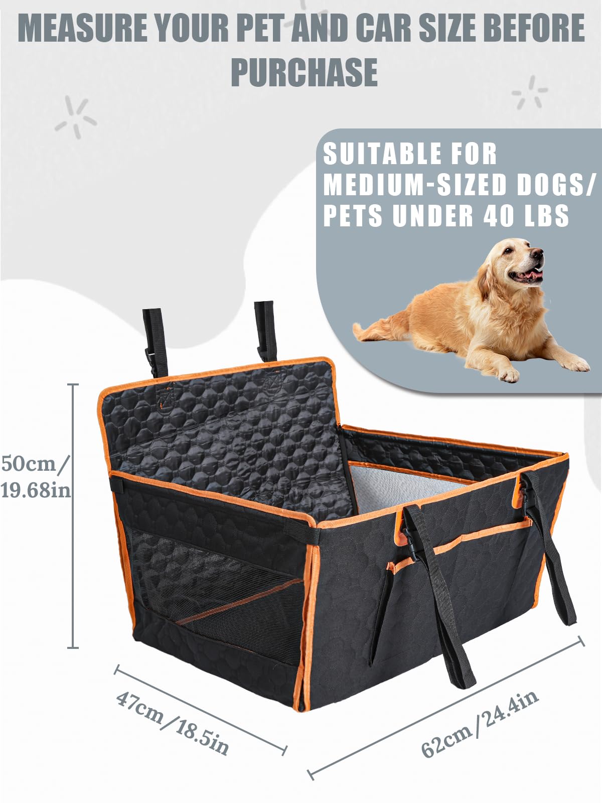 Prpeko Dog Car Seat for Large Dogs,Waterproof Fabric with Breathable Mesh&Adjustable Dog Seat Belt for Car,Dog Bed for Back Seat Up to 40 LB-Medium Orange