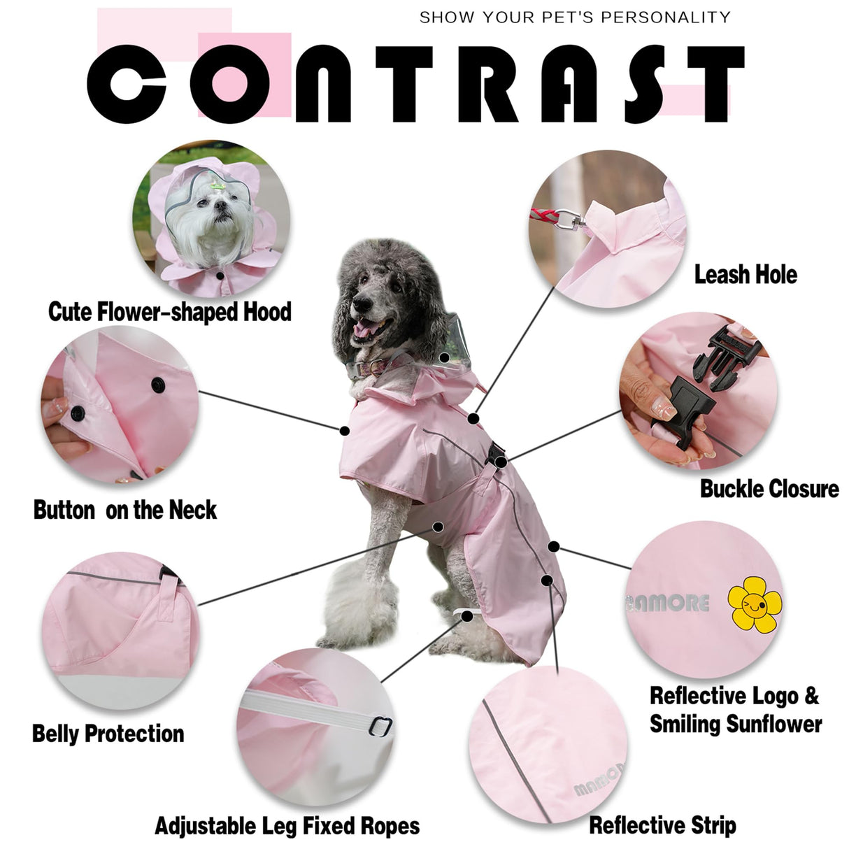 MAMORE Dog Raincoat Waterproof Dog Rain Jacket with Cute Hood for Small Medium Large Dogs Puppy Poncho Reflective Adjustable (Pink, XXX-Large)