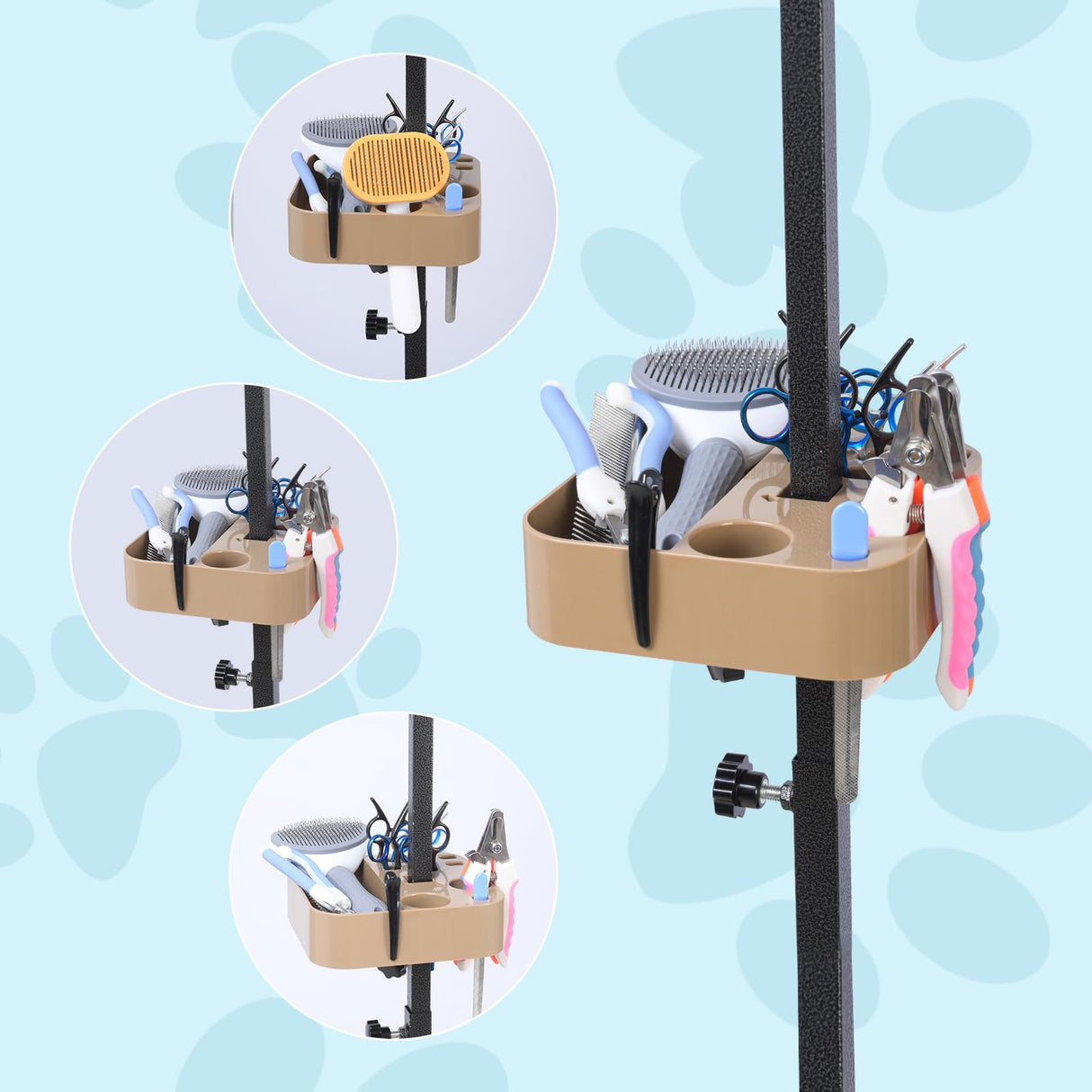 Huioqwe Pet Grooming Organizer for Scissors Brushes and Tools - Rotatable Multi Compartment Grooming Arm Stand