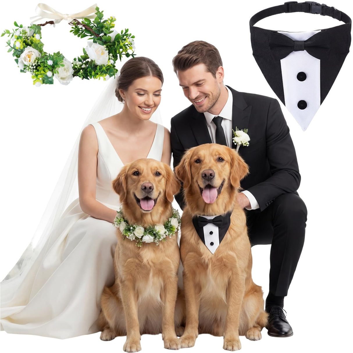 Huhumy 2 Pcs Dog Wedding Suits, Tuxedo and Flower Collar, Bow Tie Adjustable Formal Suit Costume Elegant Dog Flower Headband for Small to Medium Dogs Wedding Engagement Birthday Outfit Pet Photo Prop