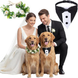 Huhumy 2 Pcs Dog Wedding Suits, Tuxedo and Flower Collar, Bow Tie Adjustable Formal Suit Costume Elegant Dog Flower Headband for Small to Medium Dogs Wedding Engagement Birthday Outfit Pet Photo Prop