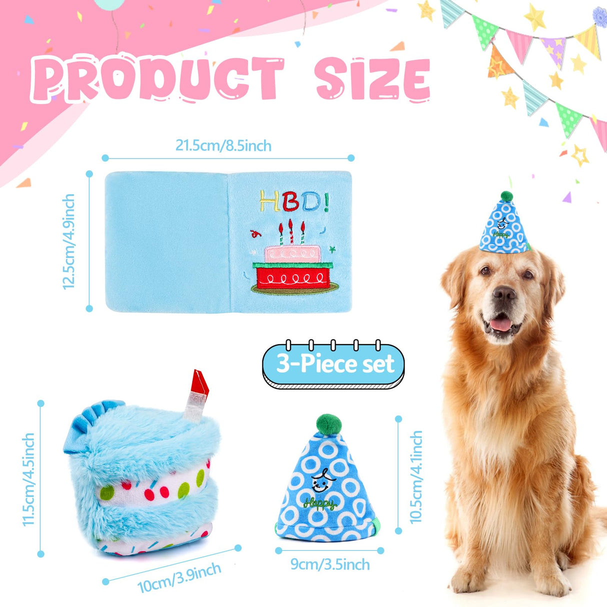 ADABOO 3PCS Dog Birthday Toy Set Plush Dog Squeaky Toys with Birthday Cake & Hat, Snuffle Hide & Seek Greeting Card for Celebration (Blue)