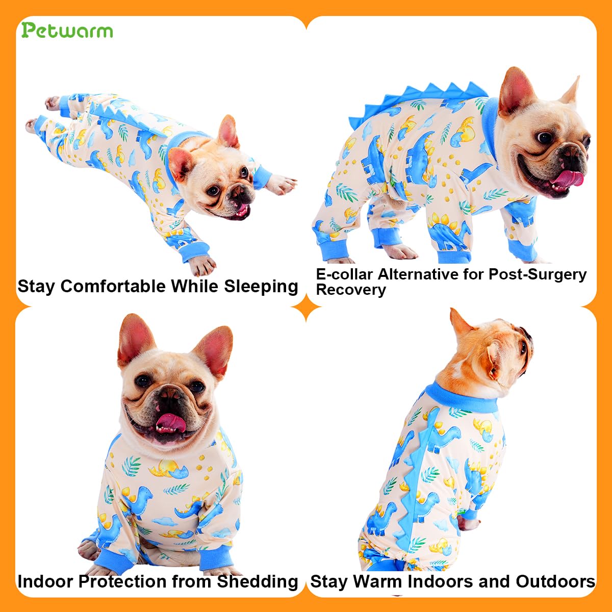 PetWarm Dog Pajamas, Pajamas for Dogs, All-Season Wear for Daily Walks and Indoor Rest, Travel-Ready for Car Rides, Helps Contain Loose Hair During Seasonal Changes, Dinosaur Print, Light Blue, 2XL