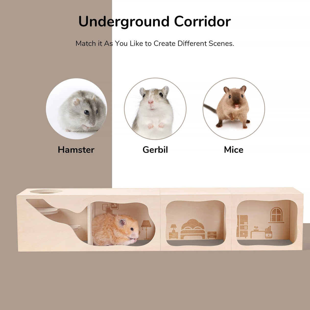 Tafit Hamster Hideout Wooden House Chamber Small Animals Pets Tunnel Exploring Toys Secret Peep Shed for Dwarf Hamsters, Syrian Hamsters, Gerbils, Hedgehogs, Rats, Mice (Living Room)