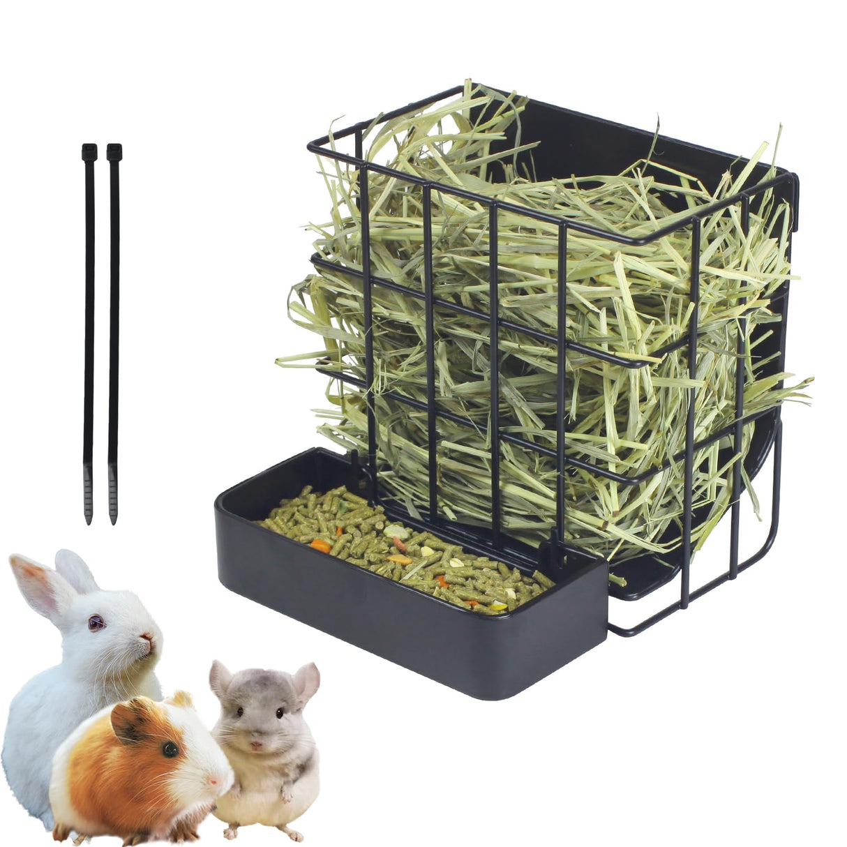 Rabbit Hay Feeder Guinea Pig Hay Feeder, Hay and Food Holder with Hook Heavy-Duty Metal Frame Hay Rack，for Bunny, Guinea Pigs,Chinchillas， Comes with Two Multifunctional Zippers-6.8x6.7x6.6inch