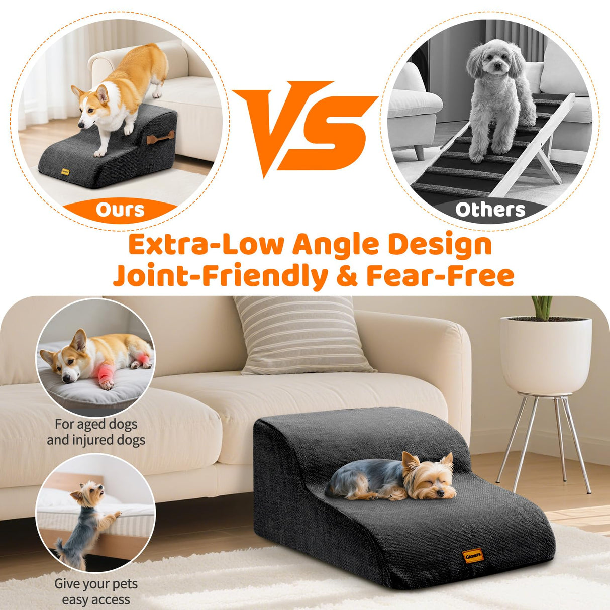 Gimars Extra Wide Sturdy 30D High Density Foam 2-Step Dog Stairs for Sofa, Pet Stair for Small Medium Dog Black