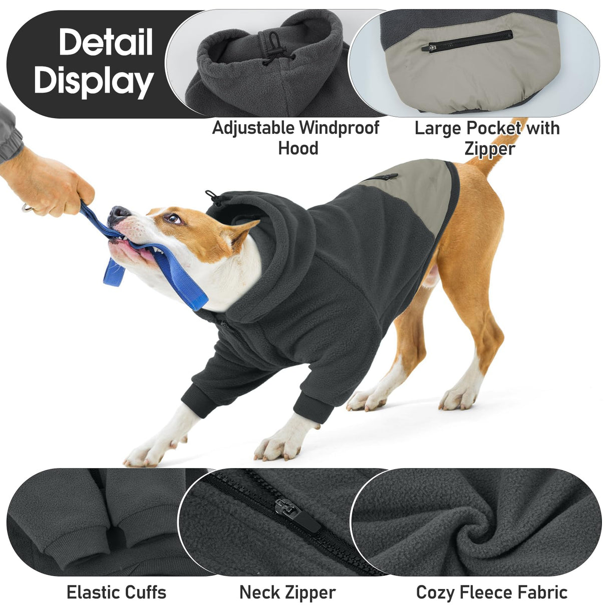 Nanaki Dog Hoodies for Large Dogs Sweatshirt with Pocket-Warm Fleece, Long Sleeves Adjustable Zip Collar-Comfort Pet Sweater for Labrador, Large Sweatshirt Winter Coat for Fall Winter Spring Grey 2XL