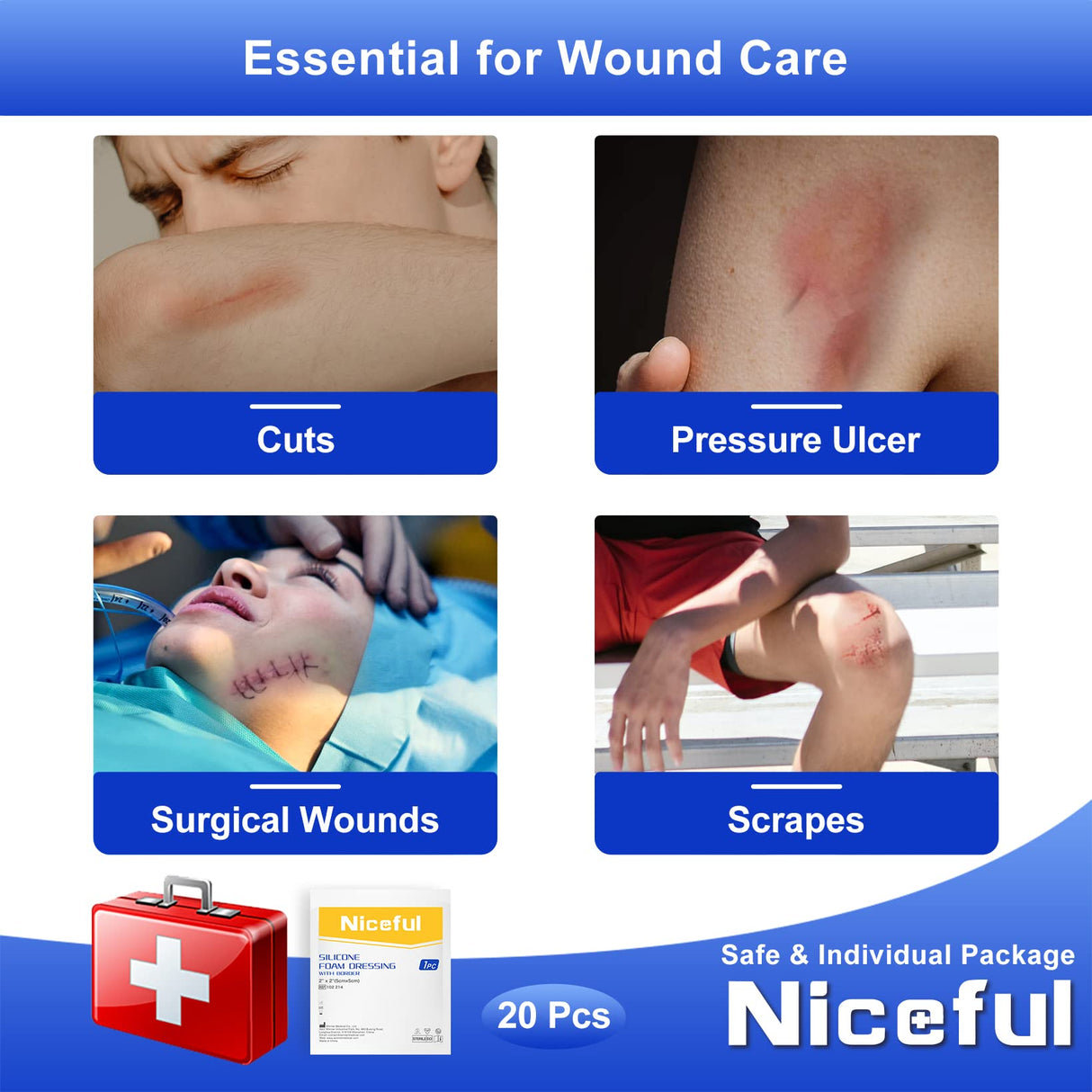 Niceful 20 Packs Silicone Foam Dressing Gentle Border 2x2in, HSA FSA Eligible, Absorbent Silicone Bandages for Wounds, Waterproof Bed Sore Bandages Wound Dressing