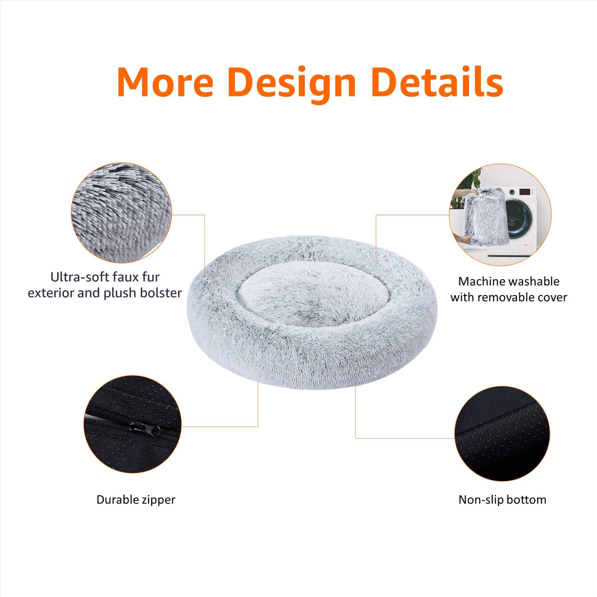 Amazon Basics Washable Donut Pet Bolster Faux Fur Bed with Removable Cover, Anti-Slip Bottom for Dog, Grey, 23" x 23"
