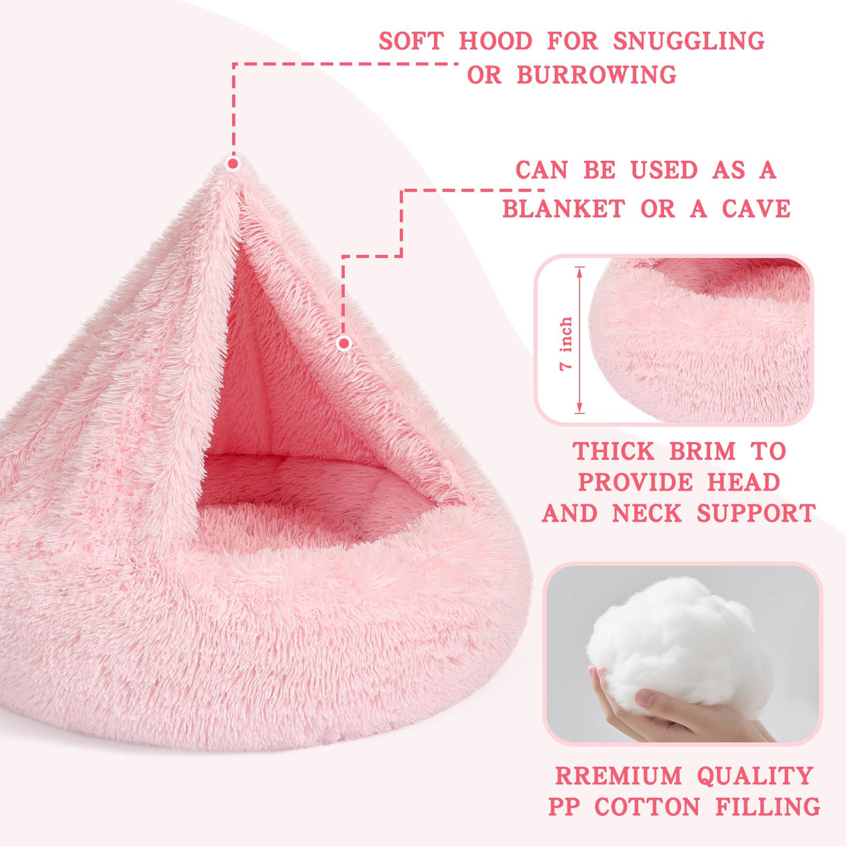 NOYAL Calming Dog Bed for Anxiety, Hooded Donut Cave with Blanket, Plush Fluffy Washable Pet Bed for Small Medium Dogs & Cats