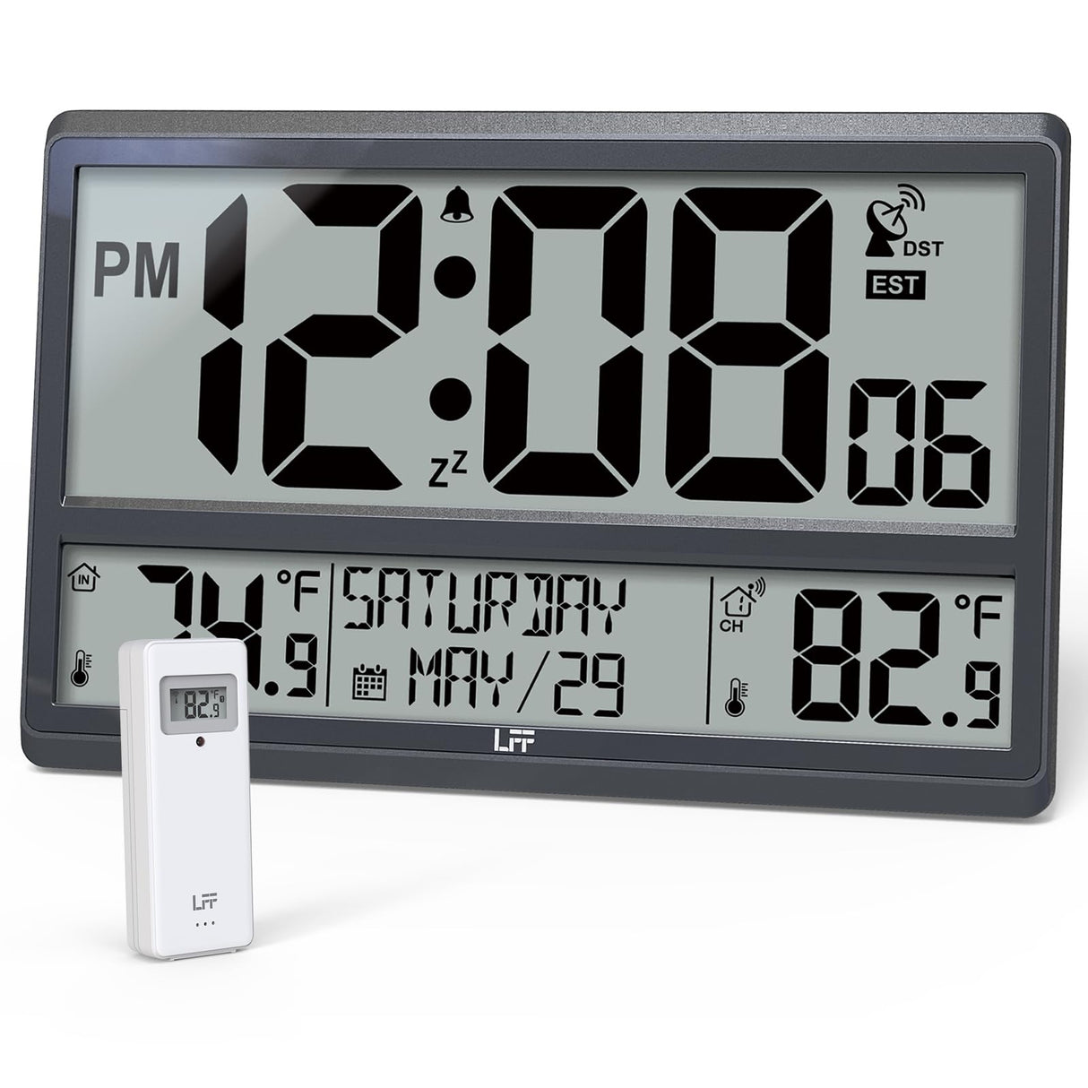 LFF Atomic Clock, Never Needs Setting, Battery Operated, Atomic Wall Clock with Indoor/Outdoor Temperature, Wireless Outdoor Sensor, Large Display Digital Calendar Clock for Elderly