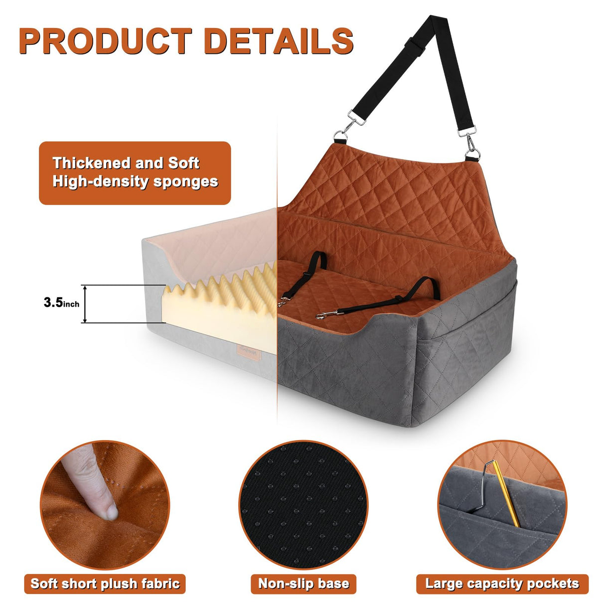 Large Dog Car Seat for Medium/Large Dog Under 55 lbs - Elevated Booster Car Seat for 2 Small Dogs,Removable and Washable,Filling Memory Foam with Safety Leashs and 2 Pockets