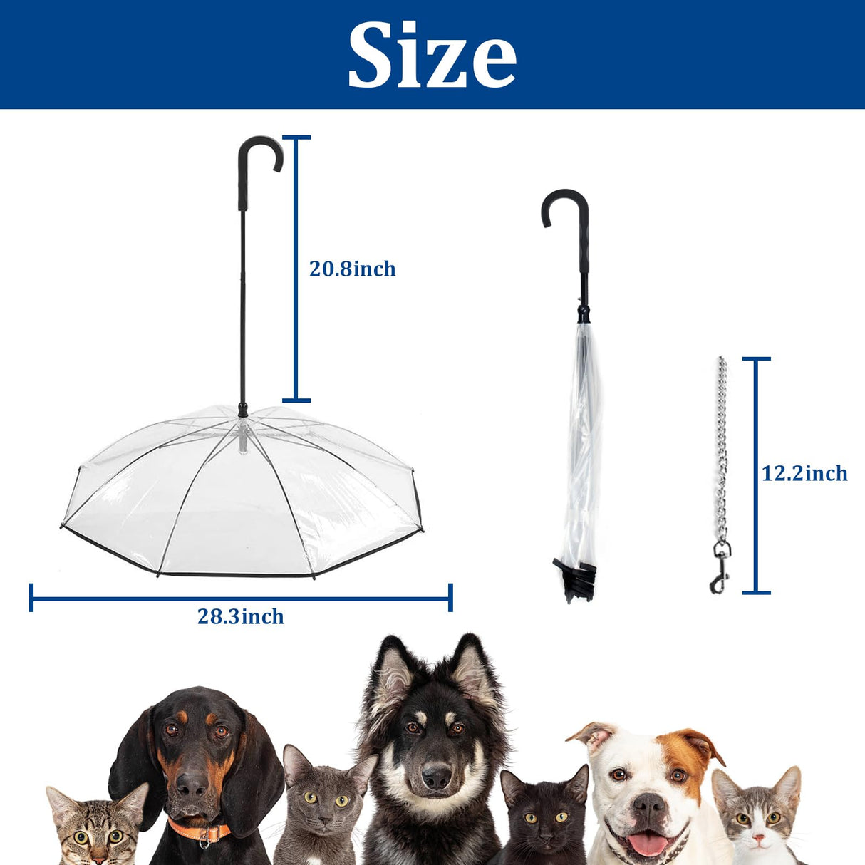 KEFIDEK Pet Dog Transparent Umbrella, Clear Folding Adjustable Leash, Keeps Pet Dry in Rain (Bending Hook)
