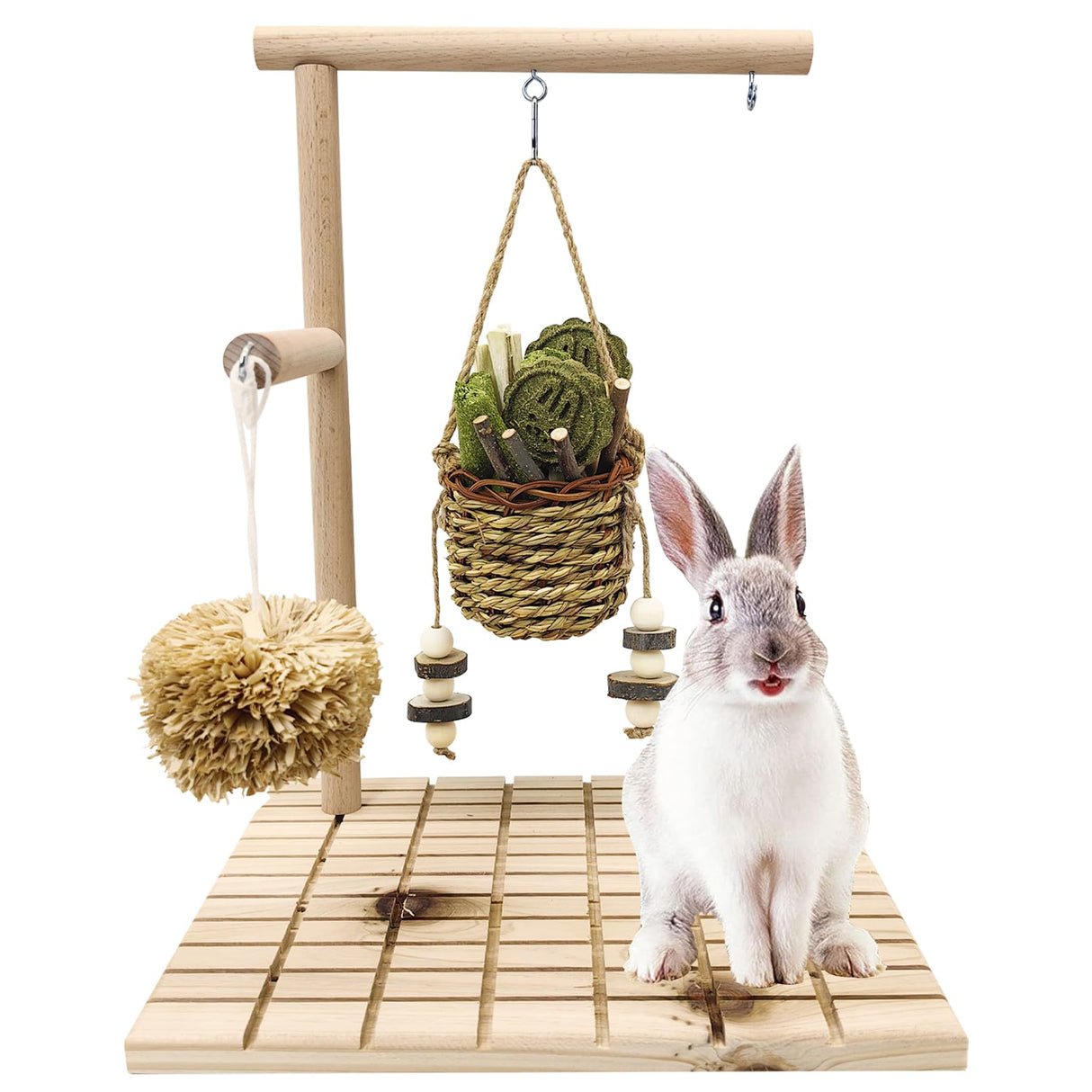 kathson Bunny Chew Toys for Teeth Grinding, Rabbit Wooden Scratch Board Feet Pad Platform Natural Seagrass Hanging Basket Small Animals Play Toy for Guinea Pigs Chinchilla Hamsters(C)