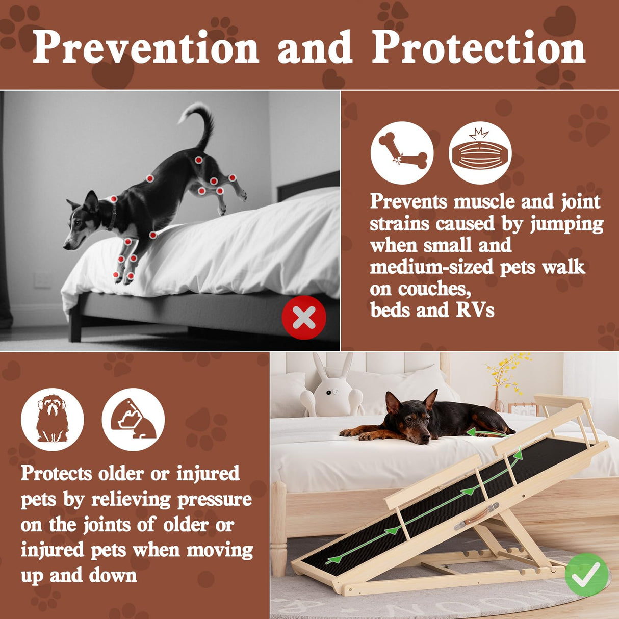 Chuiendi Dog Ramp for High Bed, Couch, Car, Pet Ramps 55.12" Long Adjustable 19.3"-27.17" Wooden Dog Step with Anti-slip Rubber Mat & Safety Side Rails for Small Medium Large Older Pets, up to 250 lbs