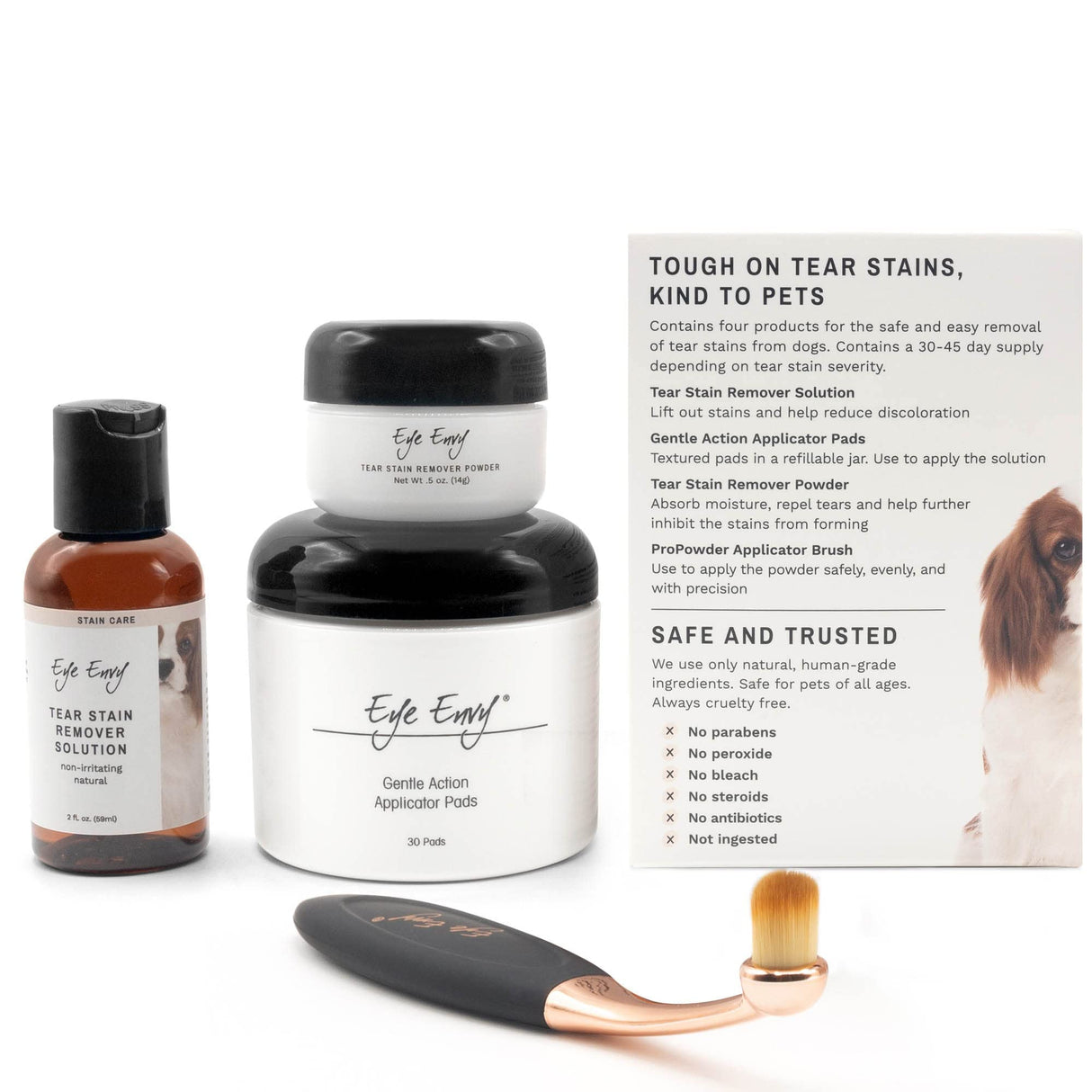 Eye Envy Dog Tear Stain Remover Starter Kit with ProPowder Brush | Stain Solution, Applicator Pads, Stain Powder and Small Applicator Brush | Lasts 30-45 Days