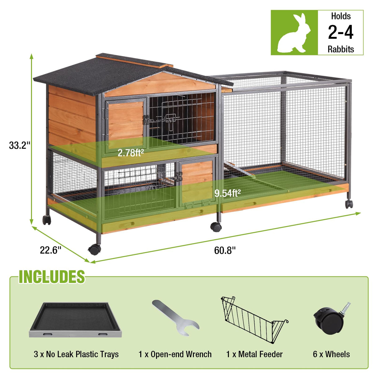GUTINNEEN 2-Story Rabbit Hutch with Chew-Proof Full Metal Frame for Indoor/Outdoor - 62" Bunny Cage with 6 Locking Casters & 2 Pull-Out Trays for Rabbits, Guinea Pigs, Small Pets (Brown)