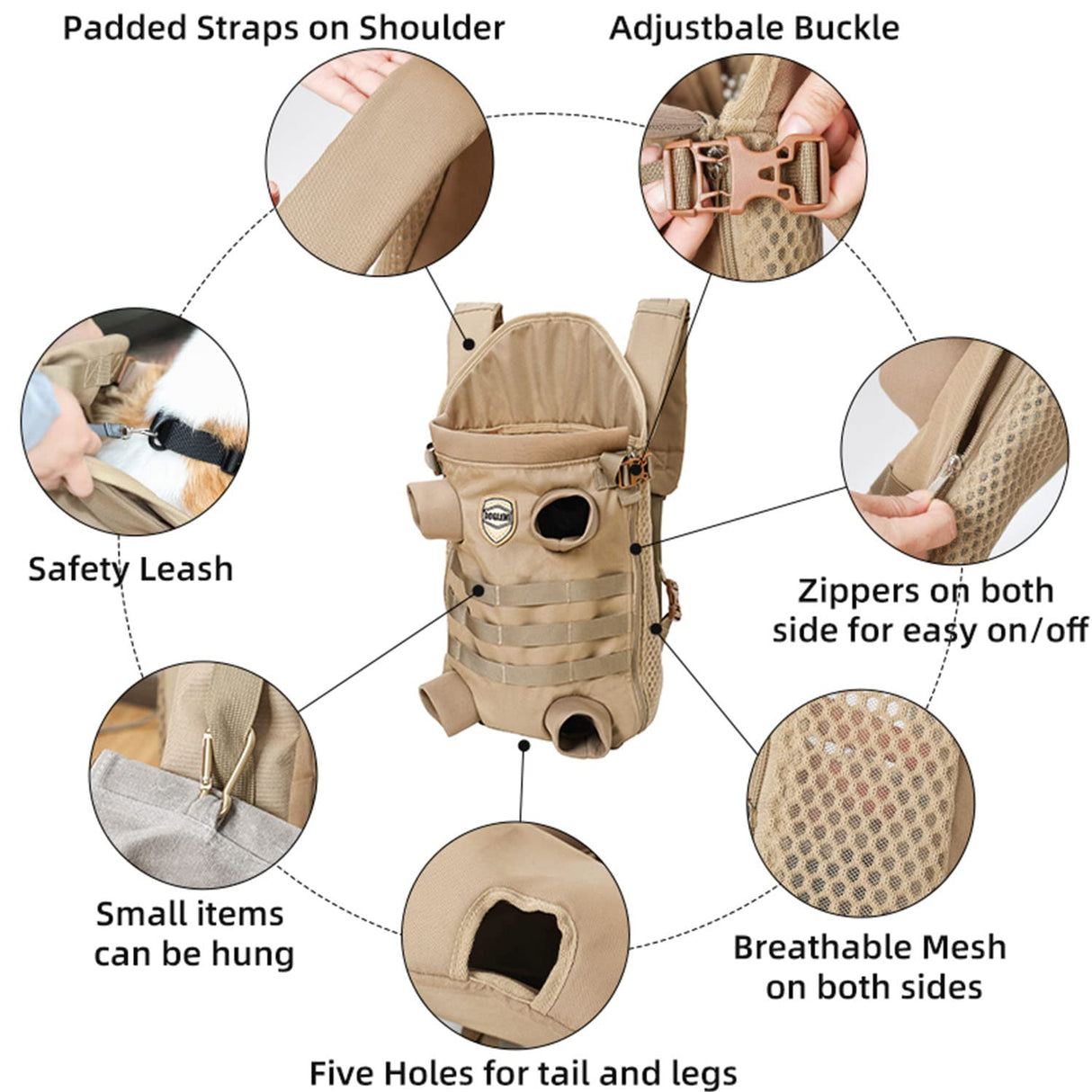FLAdorepet Dog Carrier Tactical Backpack for Medium Large Dogs,Soft Hands-Free Legs Out Pet Front Cat Dog Carrier Backpack Travel Bag for Outdoor Traveling Hiking Camping (Medium, Khaki)