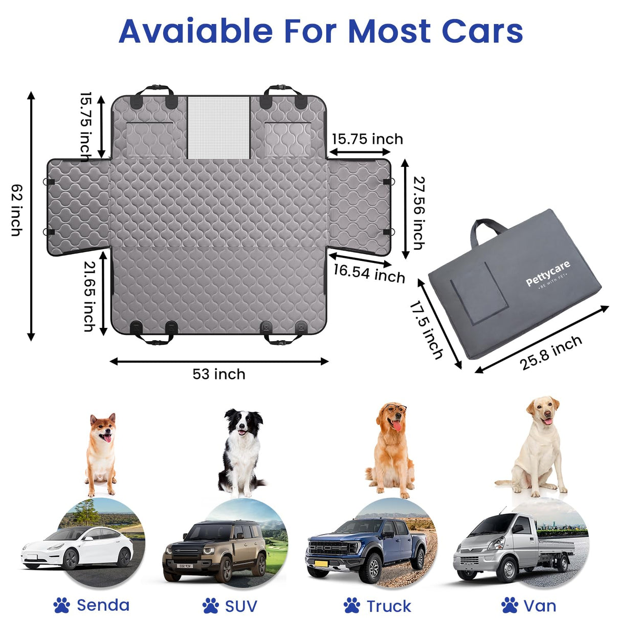 pettycare Dog Back Seat Cover Hard Bottom, Supports 400lbs, for Car with Mesh Window, Non-Slip SUV Truck, Grey