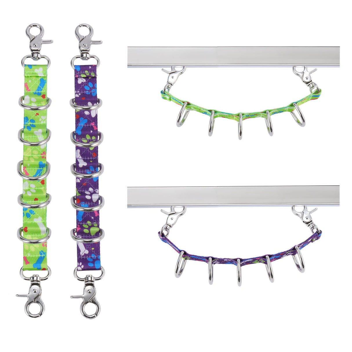 FURSDOLY Dog Grooming Loops Table Supplies 2 Pack Cute Colorful Paw Pattern Restraint Loop Dogs Grooming Arm Extension Double Snap Hooks Extender with 5 D-Rings for Pet Salon & Daily Conveience